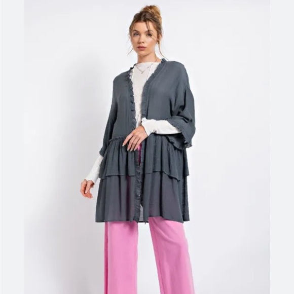 Easel Open Front Ruffled Lightweight Kimono Cardigan - Picture 2 of 8